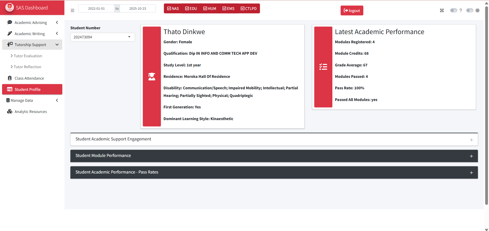 SAS Dashboard Student Profile Tab